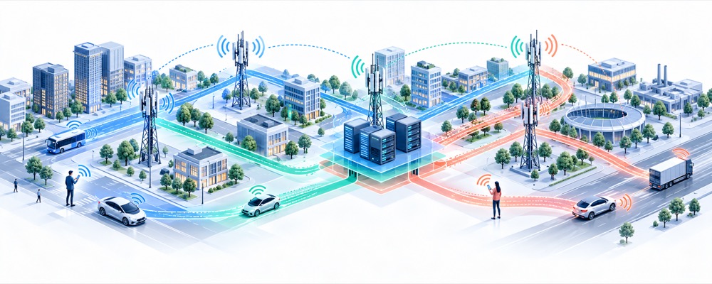 Cellular base stations, edge servers, and connected devices linked by network slices